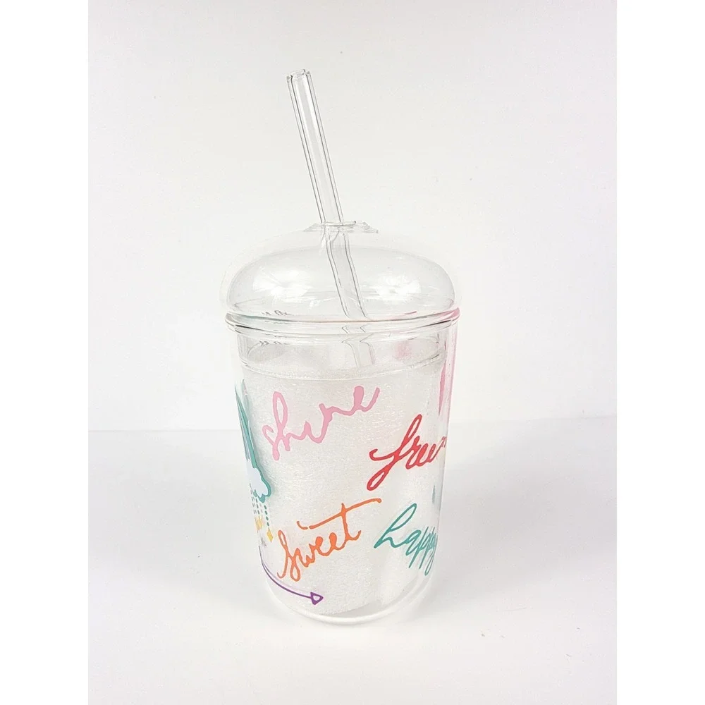 16 oz Dome Glass Tumbler w/ Straw Rainbow Love Believe Pink Moon Vinyl Decorated